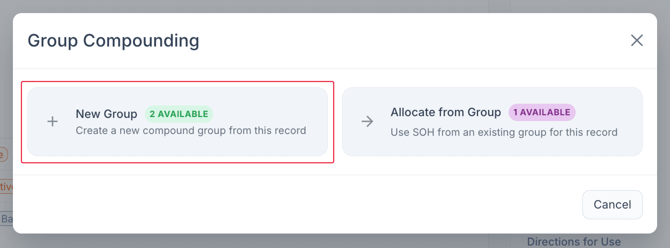 Group compounding modal, highlighted new group option