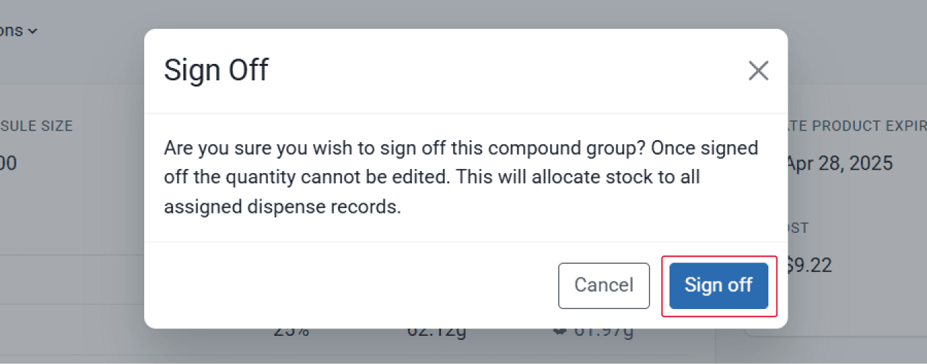 Sign off modal with sign off button highlighted