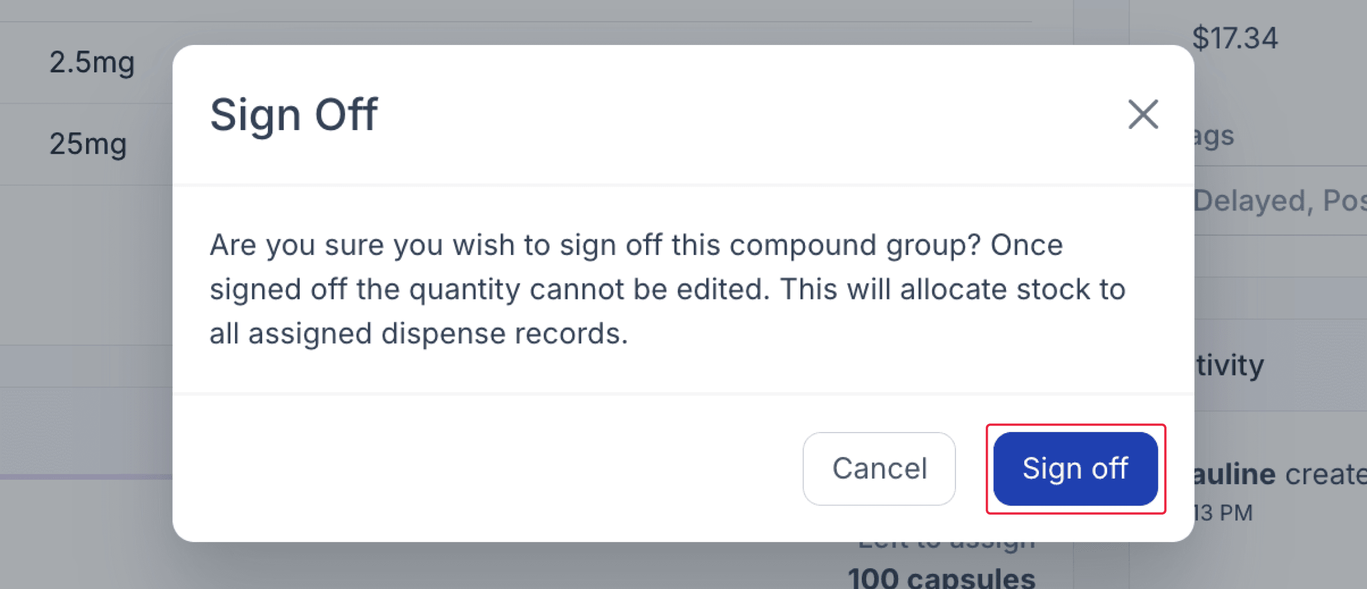 Sign off modal with sign off button highlighted