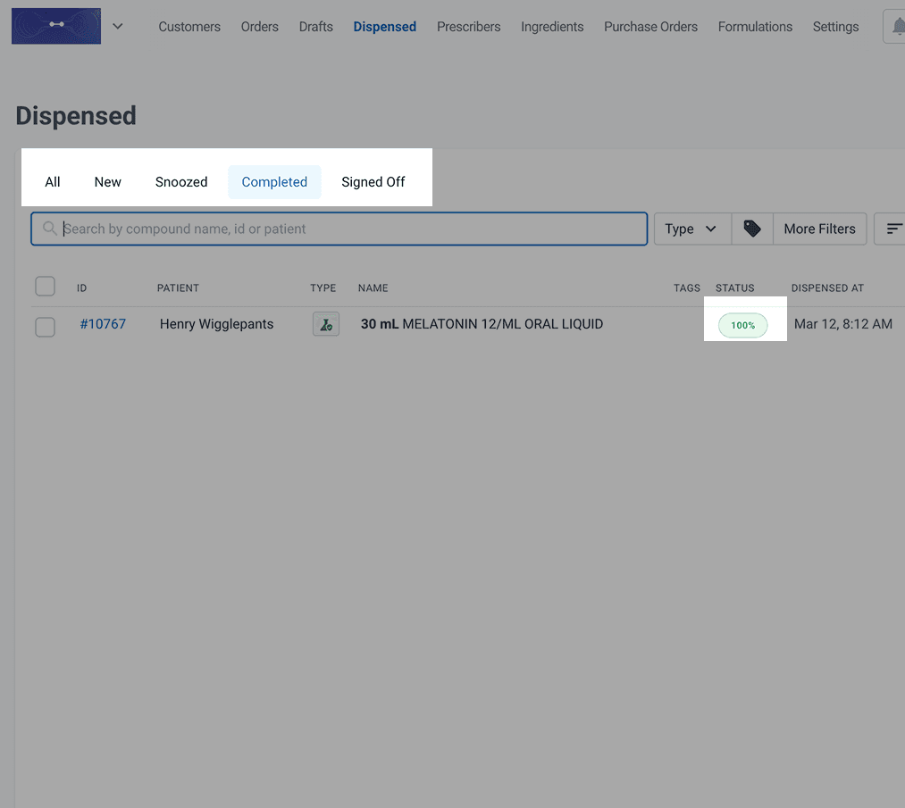 Dispensed page with isolated tabs (completed)