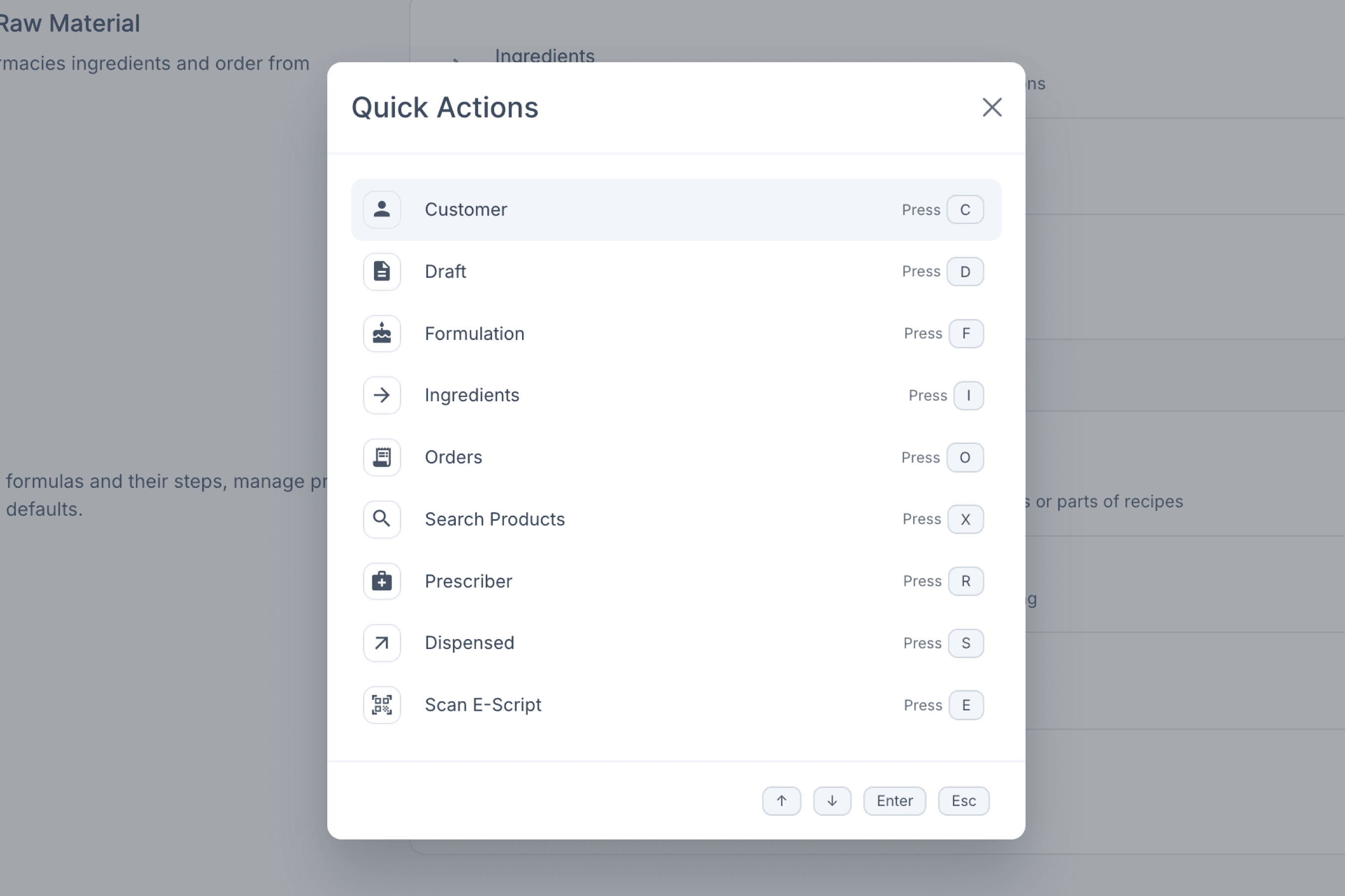 Quick Actions modal