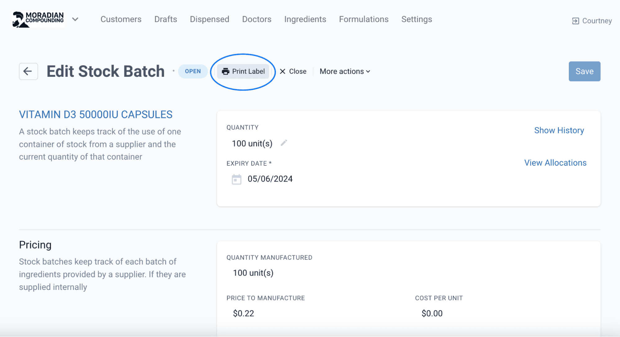 Print label highlighted, edit stock batch page