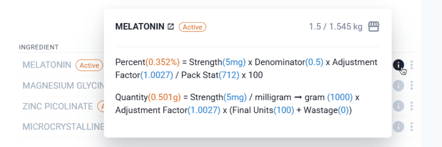 calculation breakdown per ingredient