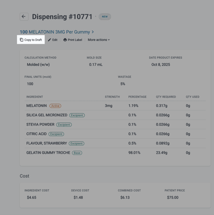 Dispensing page, highlighted: copy in draft