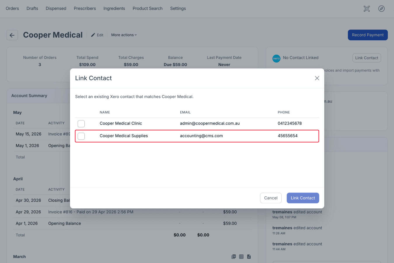 Link Contact modal, one contact highlighted