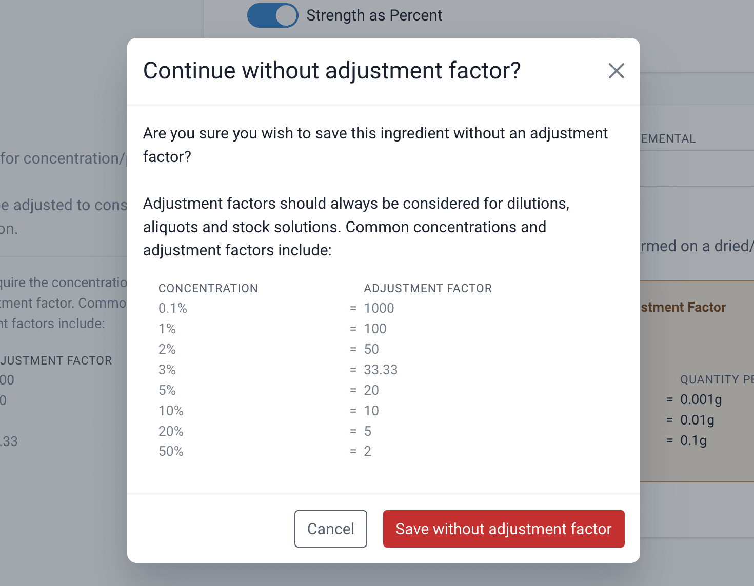 Continue without adjustment factor modal