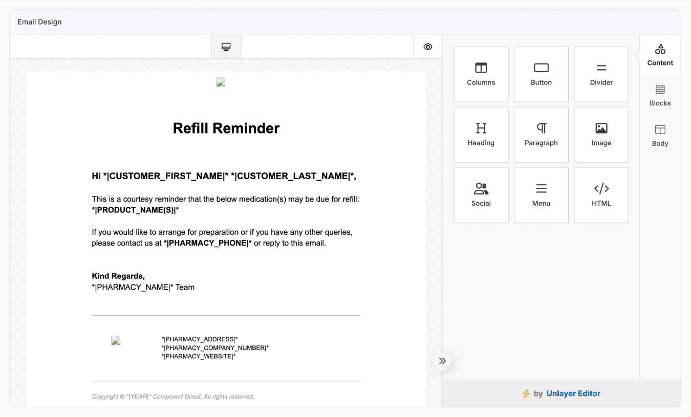 Email & SMS Template refill reminders