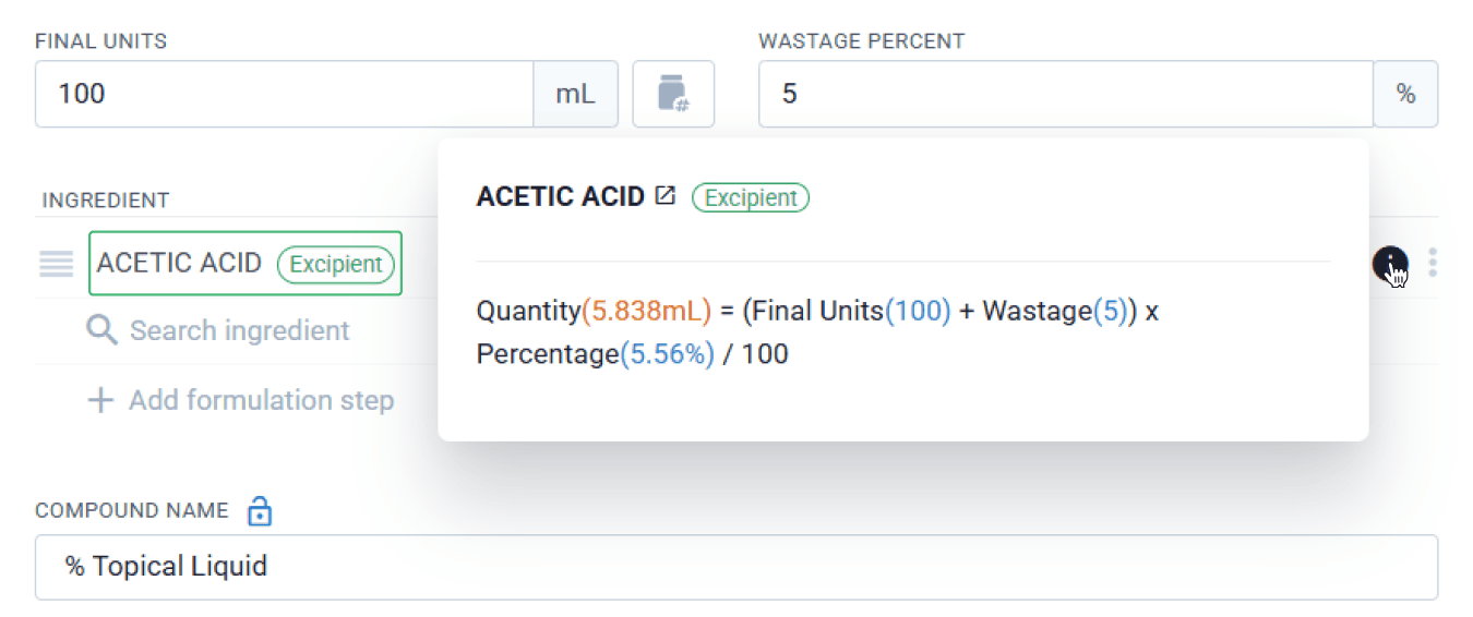 Acetic acid excipient calculation pop-up