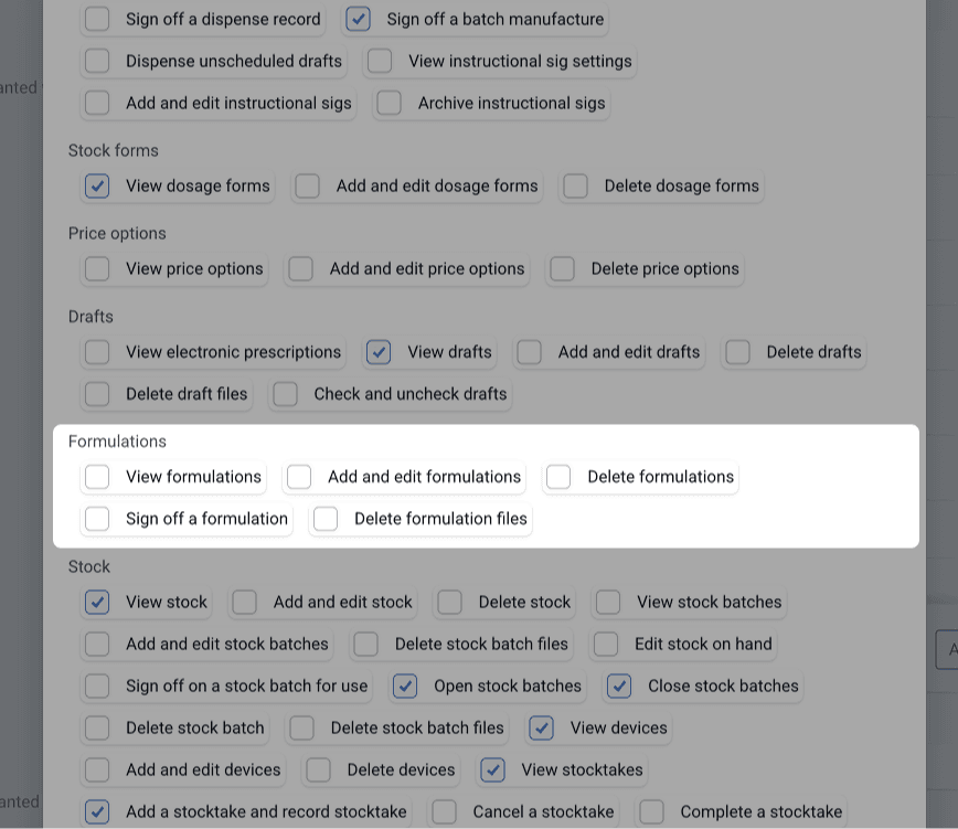 Formulations permissions for users & roles