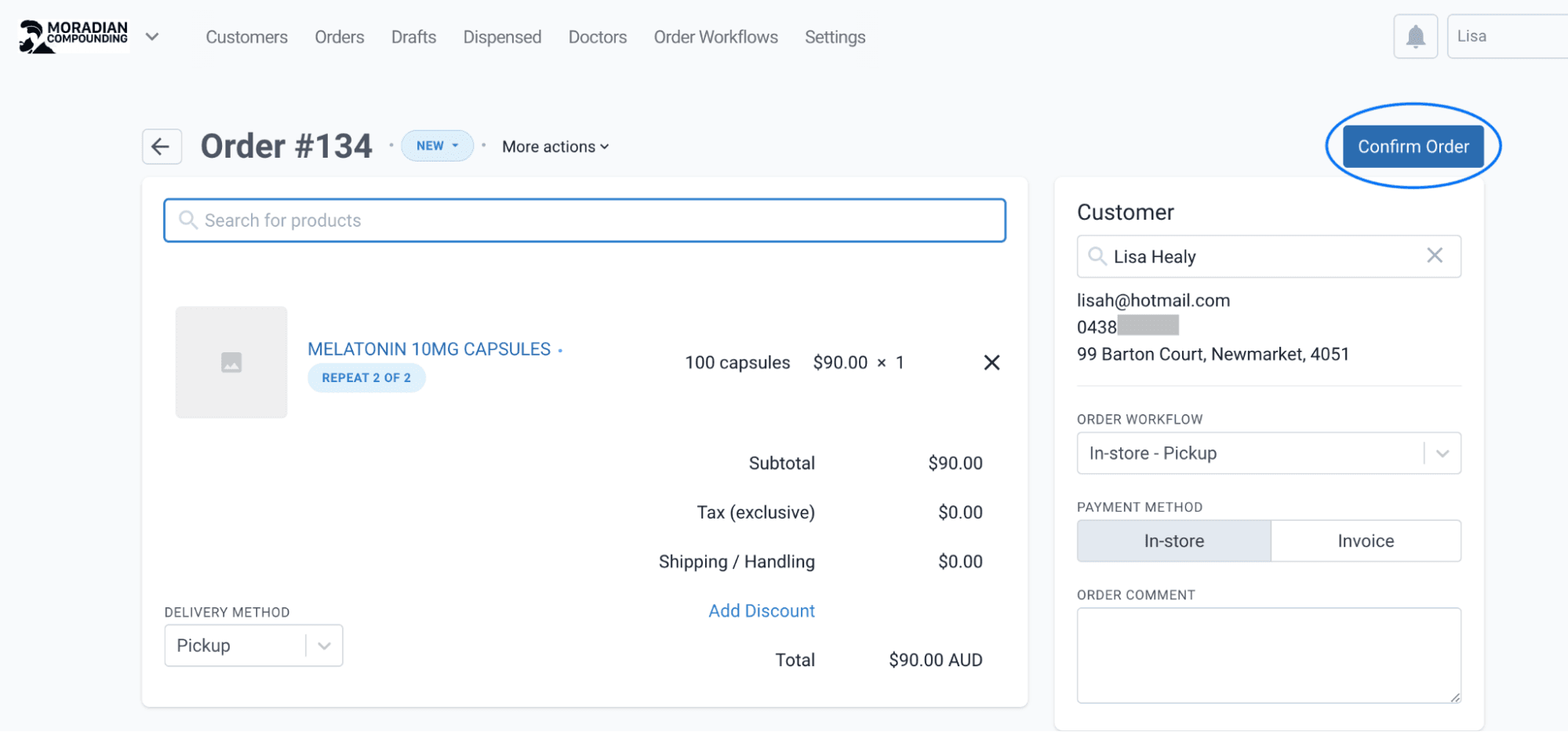 Order #134 page, highlighted confirm order button