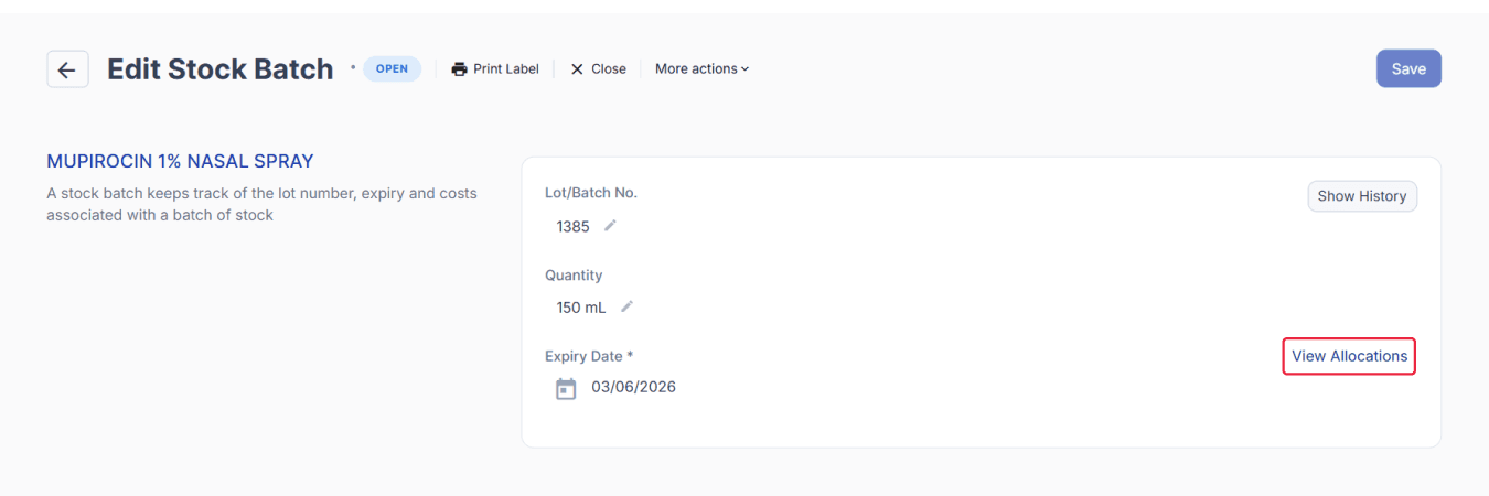 Edit Stock Batck page, view allocations highlighted