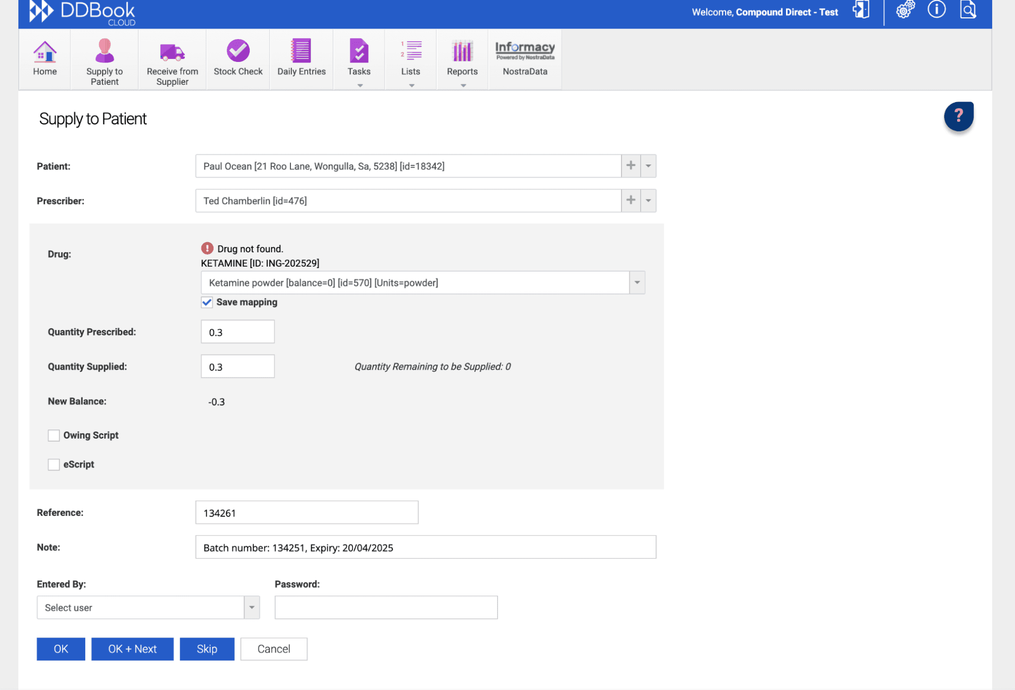 DDBook page, supply to patient, save mapping ticked for ketamine powder