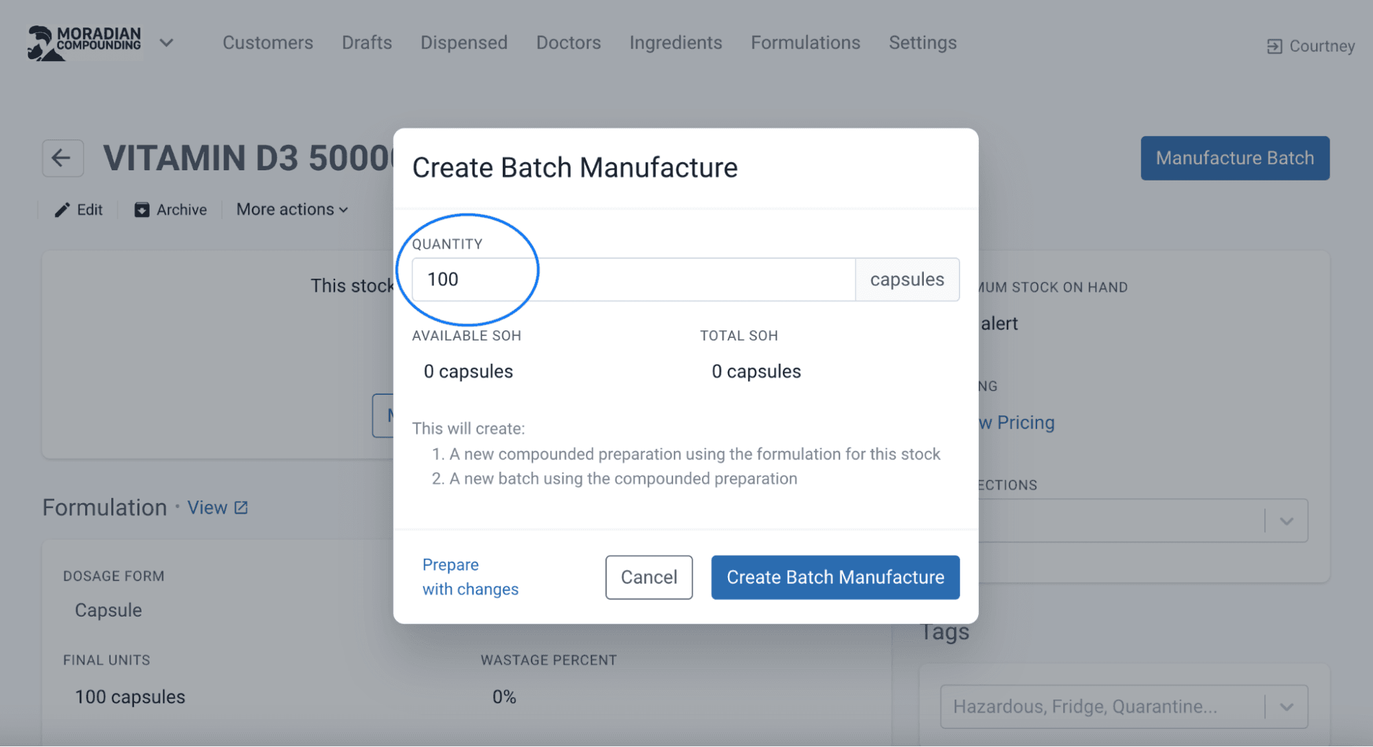 Create batch manufacture modal, highlighted quantity for capsules
