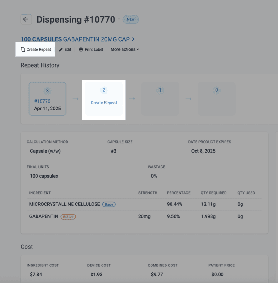 Dispensing page, highlighted: create repeat