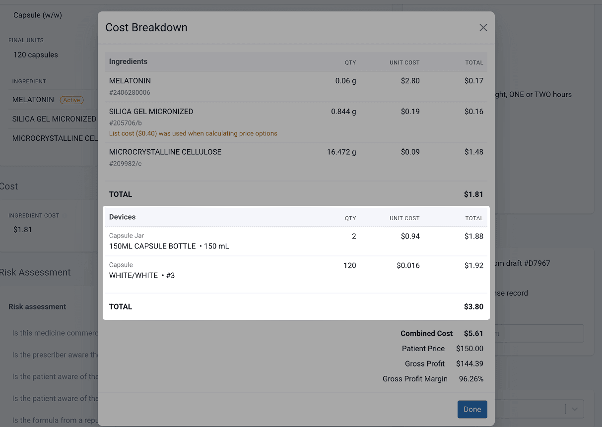 Highlighted devices cost from cost breakdown