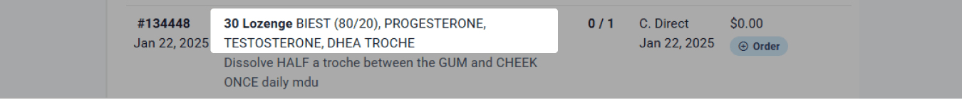 Item text in black indicates the dispensing record is historical