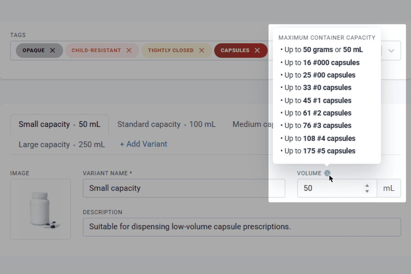 Highlighted: Volume info icon for maximum container capacity of a HDPE white bottle small capacity 50mL