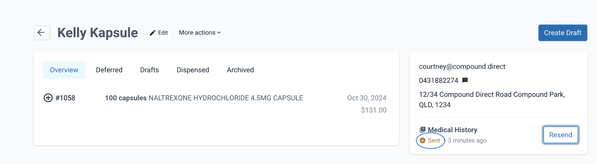 Highlighted sent icon and resend button, customer page