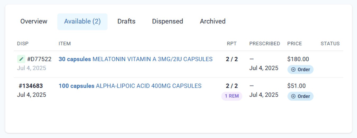 available tab, 1 draft, 1 dispensed with 1 remaining repeat