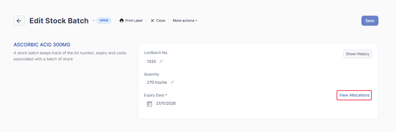 Edit Stock Batch page, view allocations button highlighted