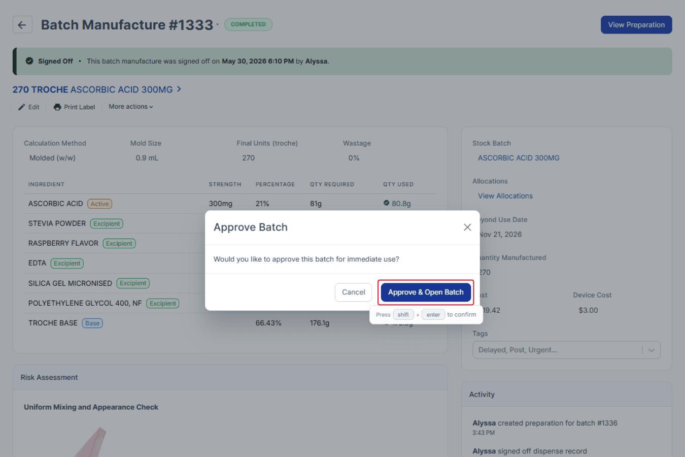 Batch Manufacture #1333 page, approve batch modal, approve & sign open batch button highlighted