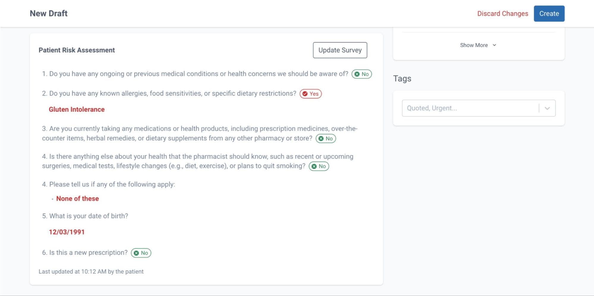 New draft page, completed patient risk assessment survey