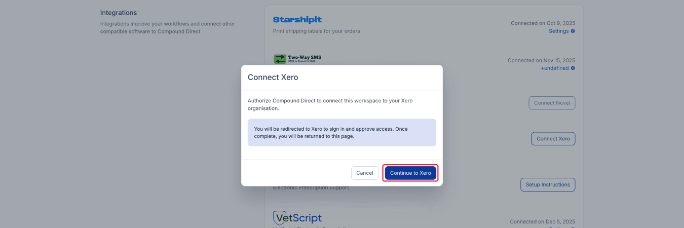 Connect Xero modal; Connect to Xero button highlighted