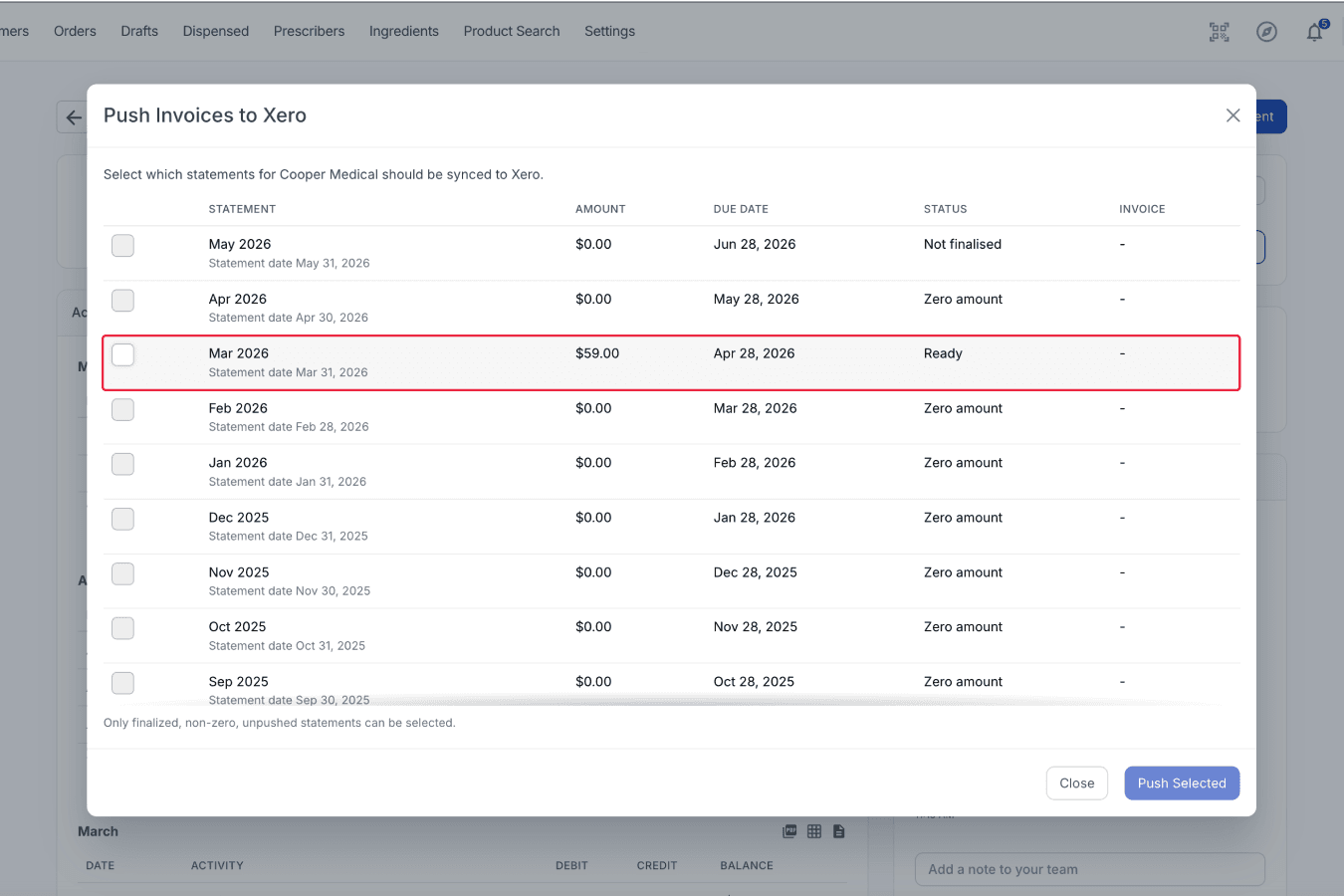Statement highlighted on Push Invoices to Xero modal