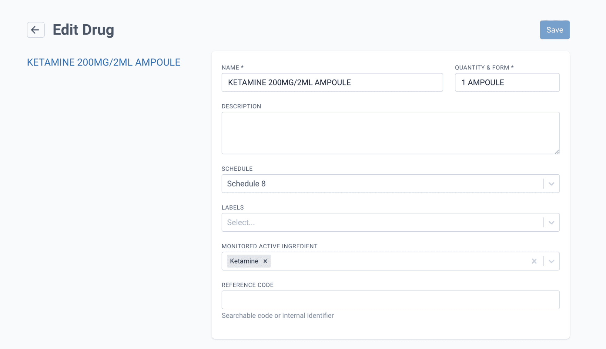 Edit drug page for Ketamine 200mg/2mL ampoule
