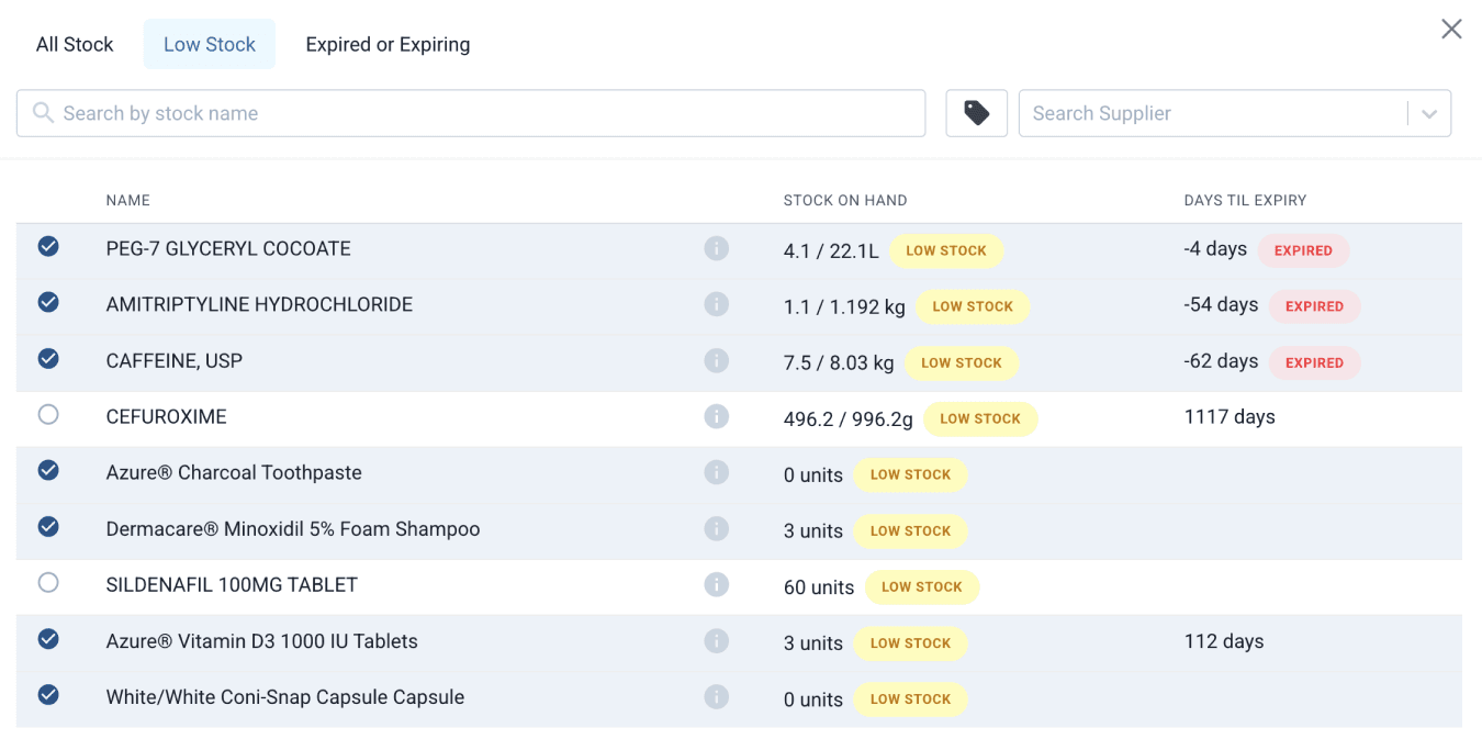 purchase orders page low stock and expiring items