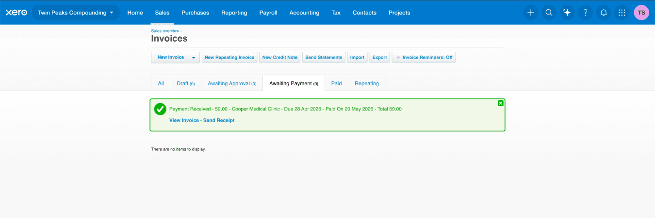 Invoices page, payment received banner in Xero website