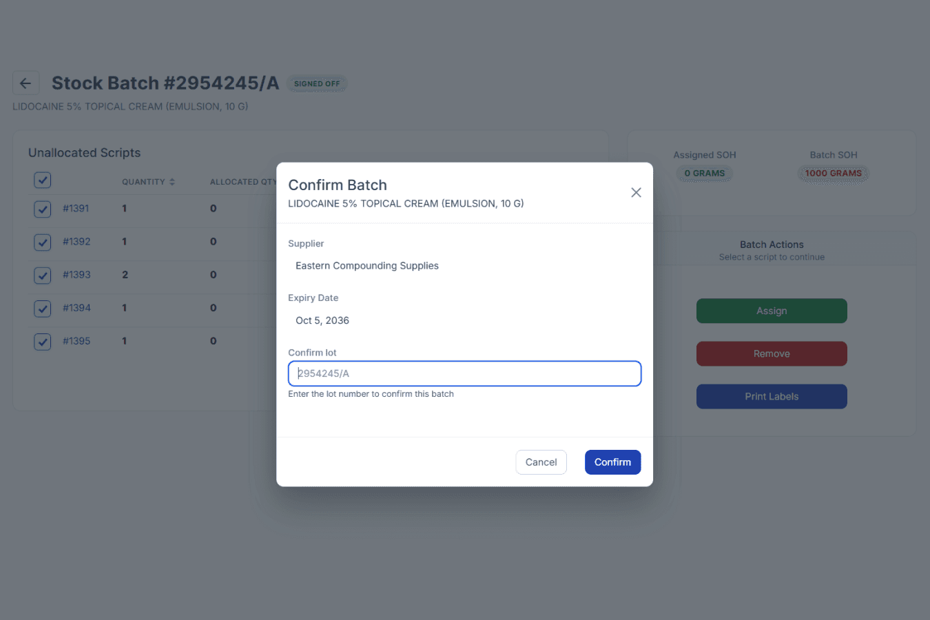 Stock Batch #2954245/A page, confirm batch modal; confirm lot modal