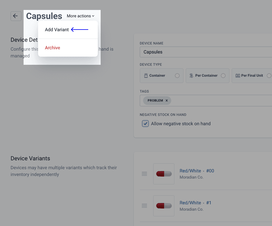 Isolated add variant option from more actions drop-down