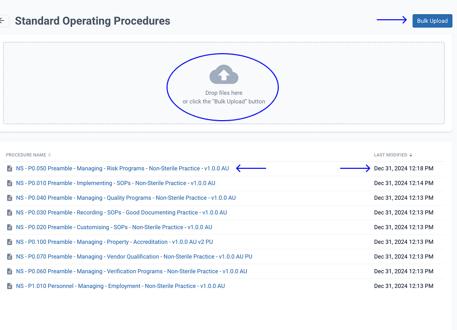Standard operating procedures page with highlighted upload space and pointed procedure name and last modified