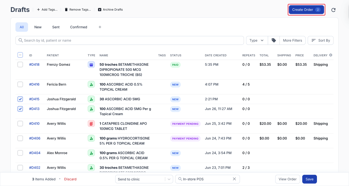 add drafts to orders