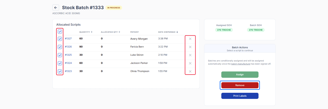 Stock Batch #1333 page, checkboxes, close buttons, and remove button highlighted