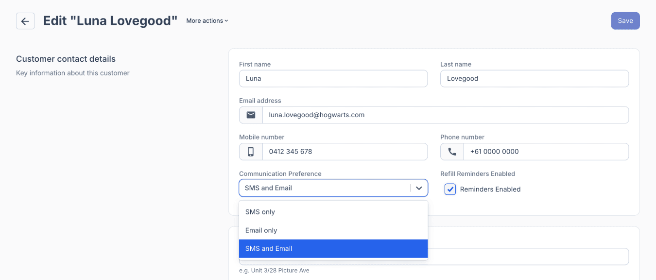 refill reminders on customer page