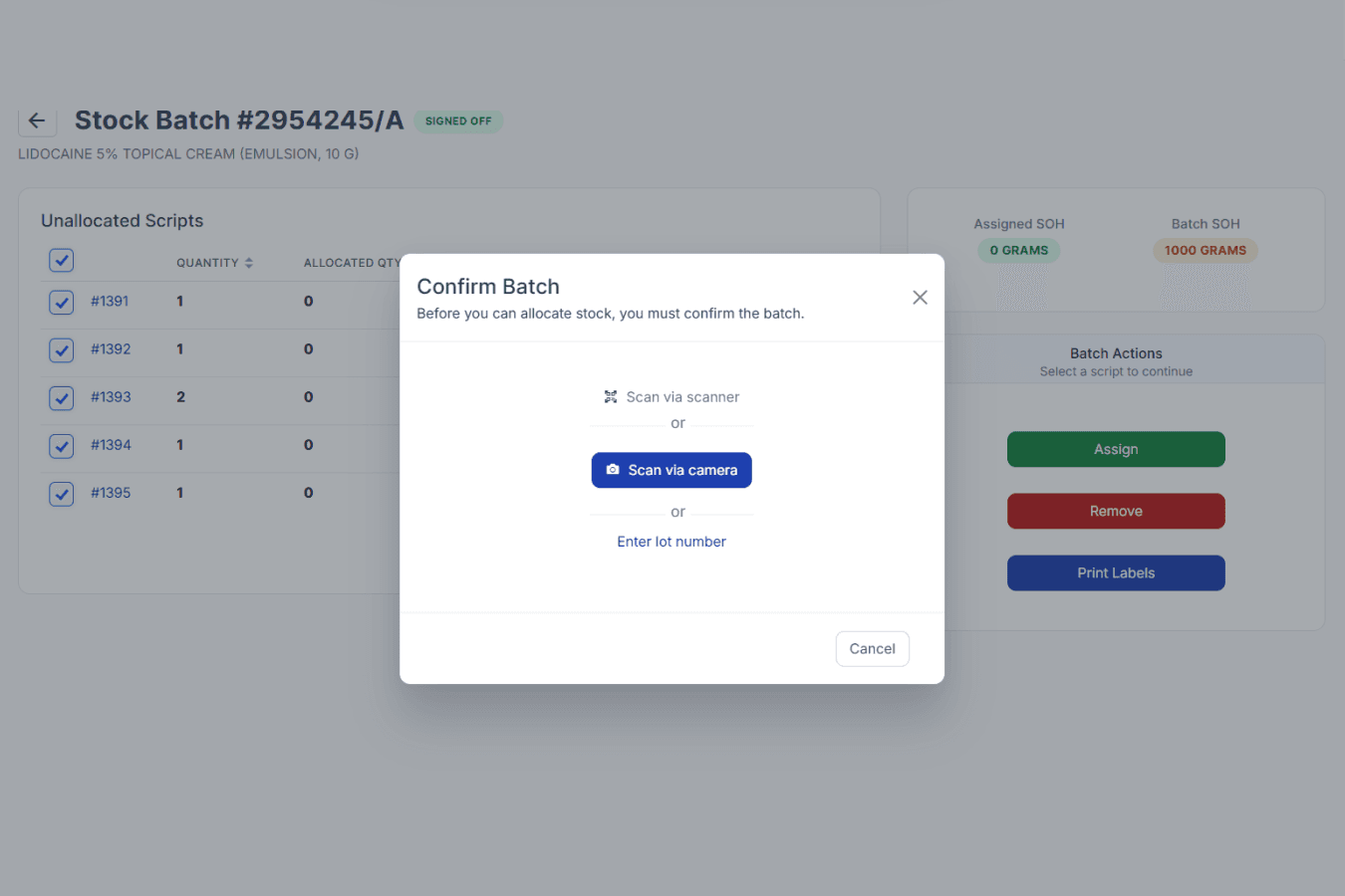 Stock Batch #2954245/A page, confirm batch modal