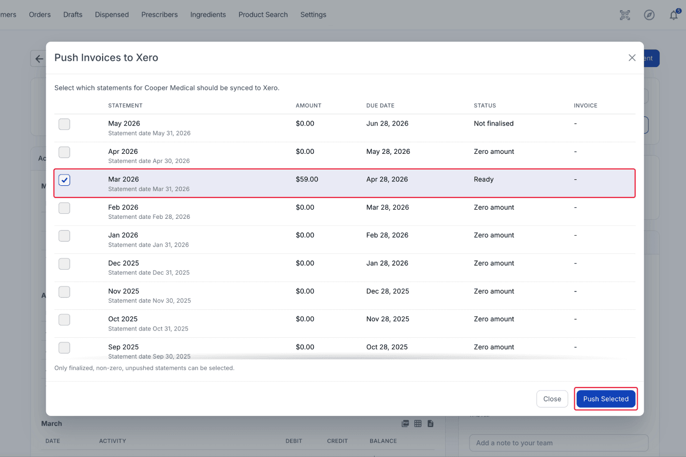 Statement and Push Selected button highlighted on Push Invoices to Xero modal