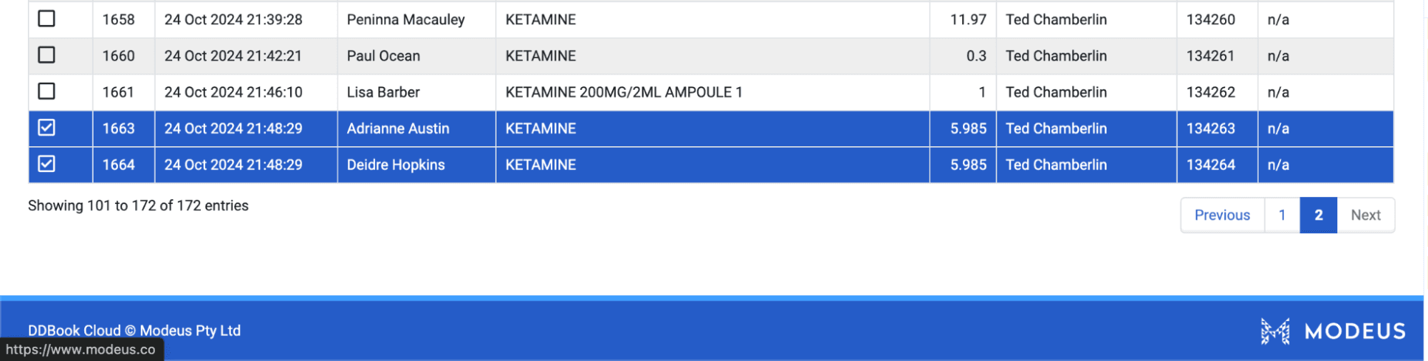 DDBook page, Modeus integration, highlighted Ketamine records