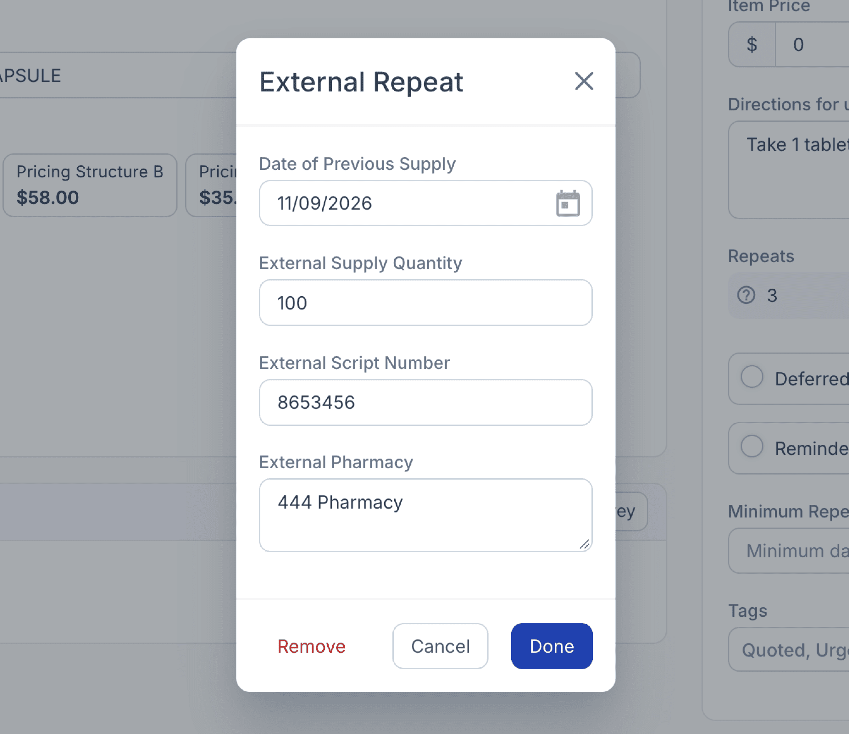 external repeat modal