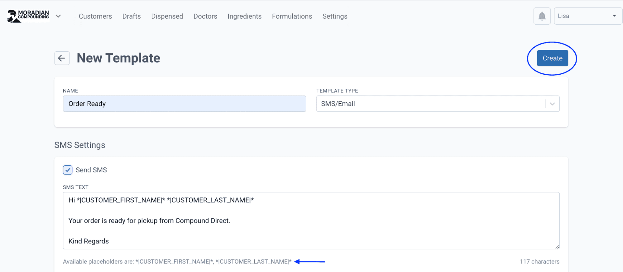 New template page, highlighted create button