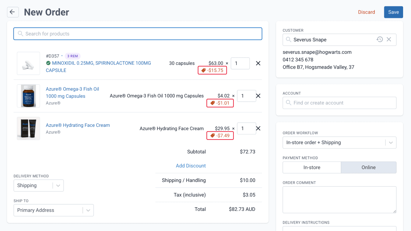 discounts applied on an order