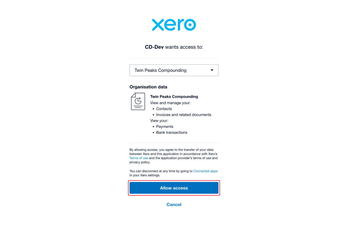 Allow access button highlighted on Xero portal