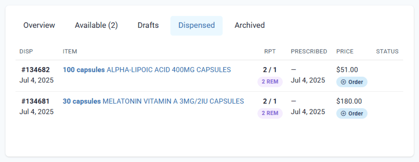 dispensed tab, 2 remaining repeats, customers page