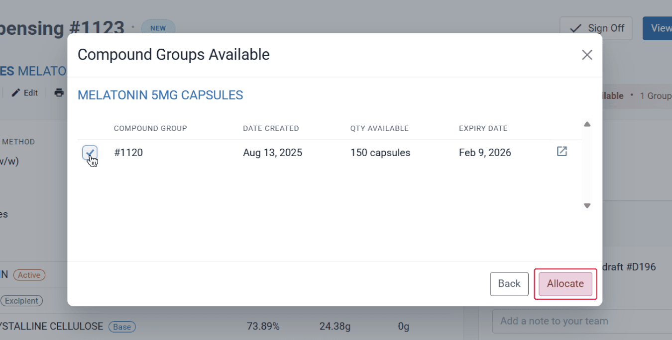 Compound groups available modal, highlighted allocate button