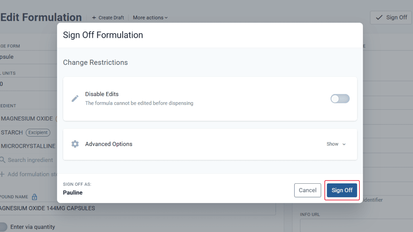 Sign off formulation modal