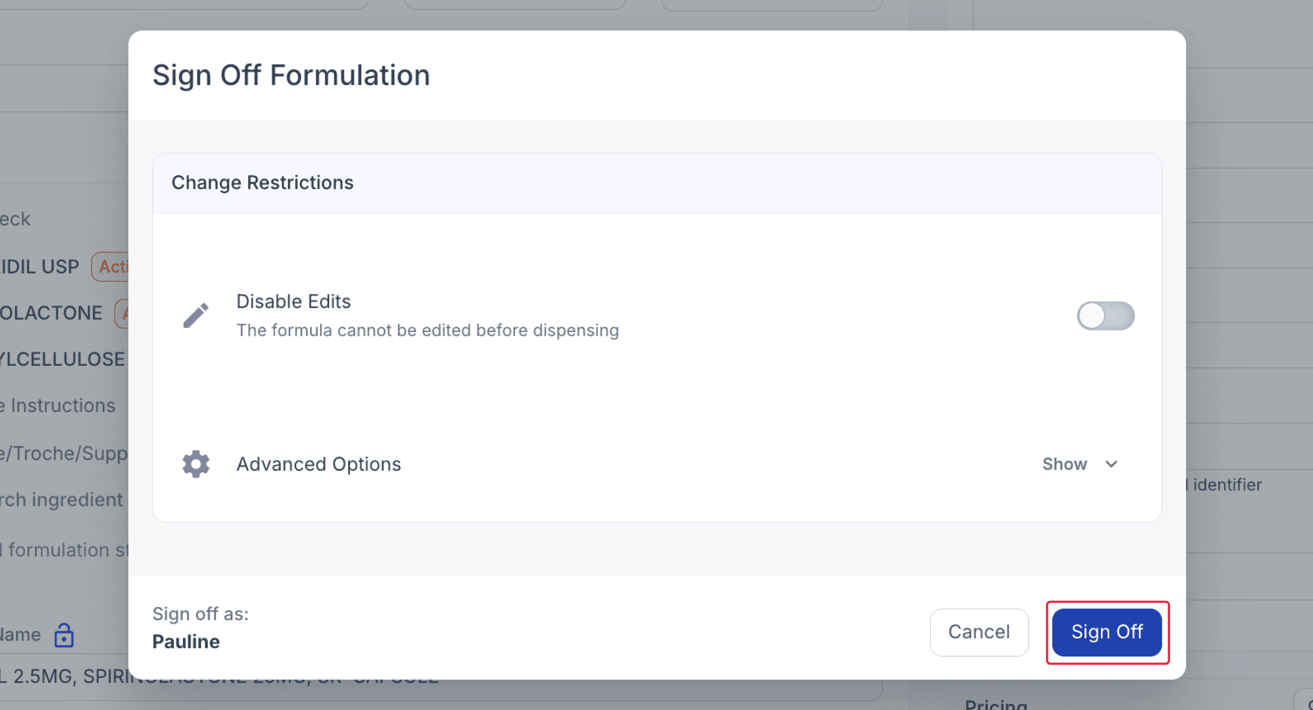 Sign off formulation modal