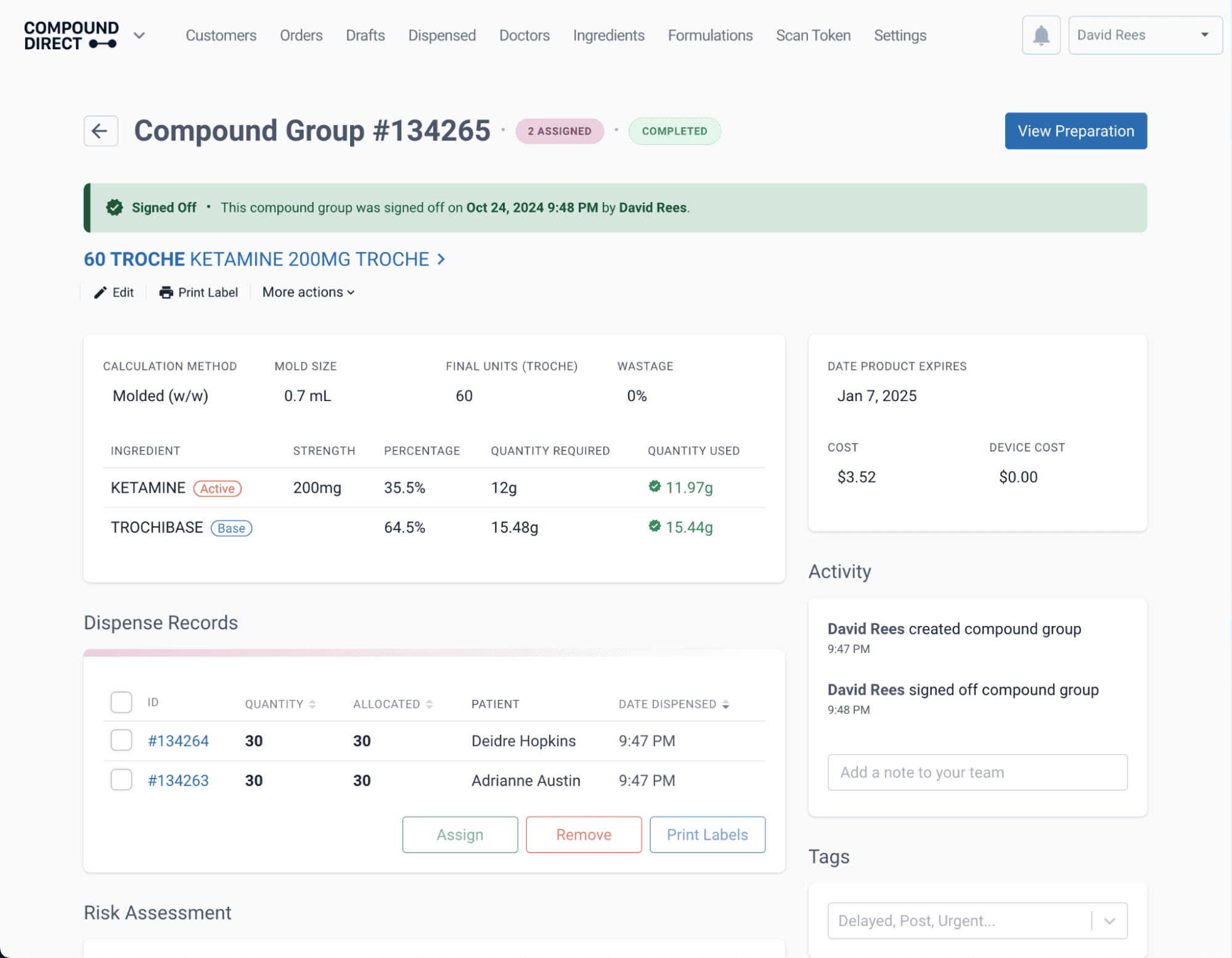 Compound Group #134265 page, with dangerous drugs in script under dispensed records section