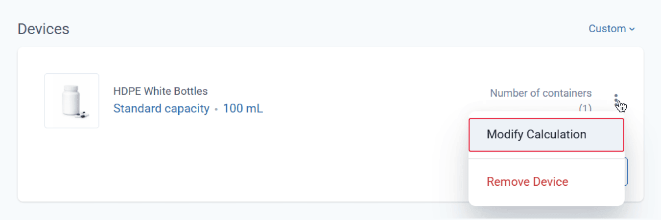 Highlighted: three dots icon to modify calculation for HDPE white bottles standard capacity 100mL